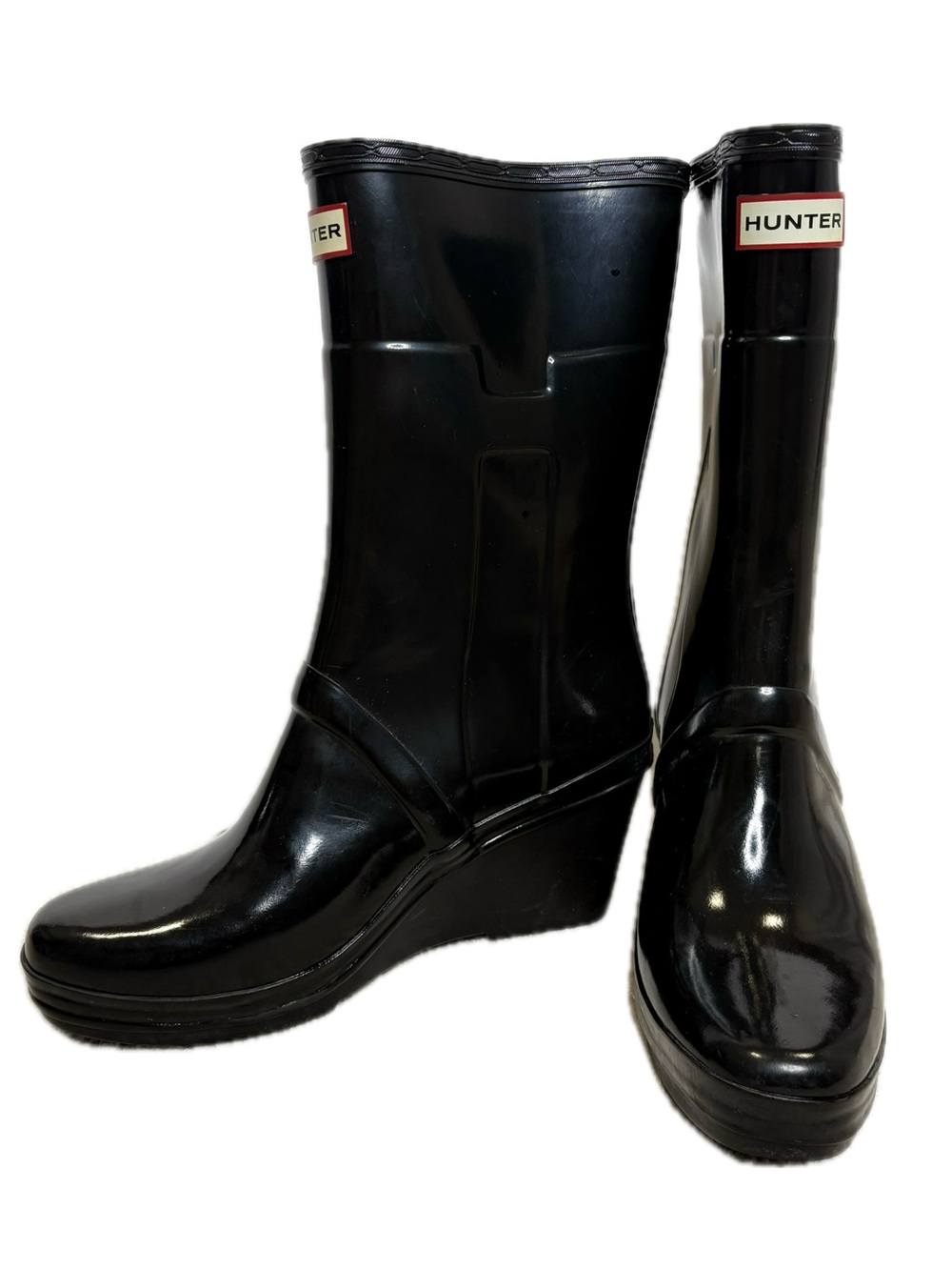 Hunter Kellan Rain Boots Womens Size 10 Glossy Black Wedge Rubber Midcalf